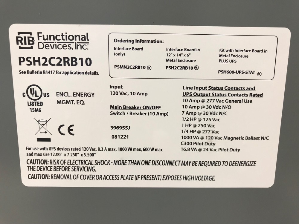 RIB FUNCTIONAL DEVICES PSH600-UPS-STAT ENCLOSED UPS INTERFACE BD W/600VA UPS