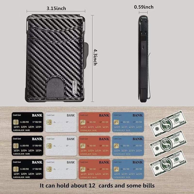 Men's Slim PopUp Bifold Carbon Fiber Wallet, RFID Blocking, Money Clip, Men Gift
