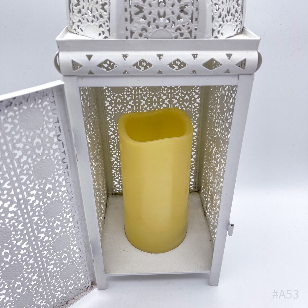 Oriental Lantern Windlight With Pattern & LED Block Candle, White, 37 cm