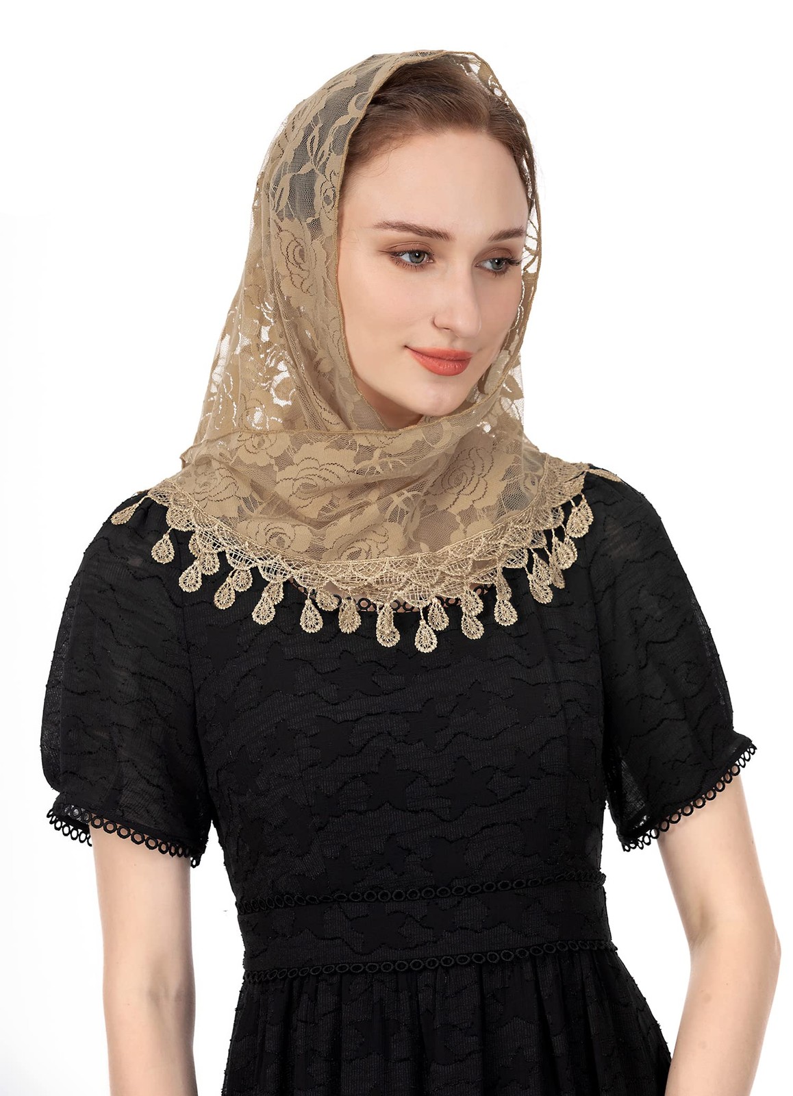 Wgior Triangle Veil for Church Lace Chapel Catholic Mass One Size, Beige