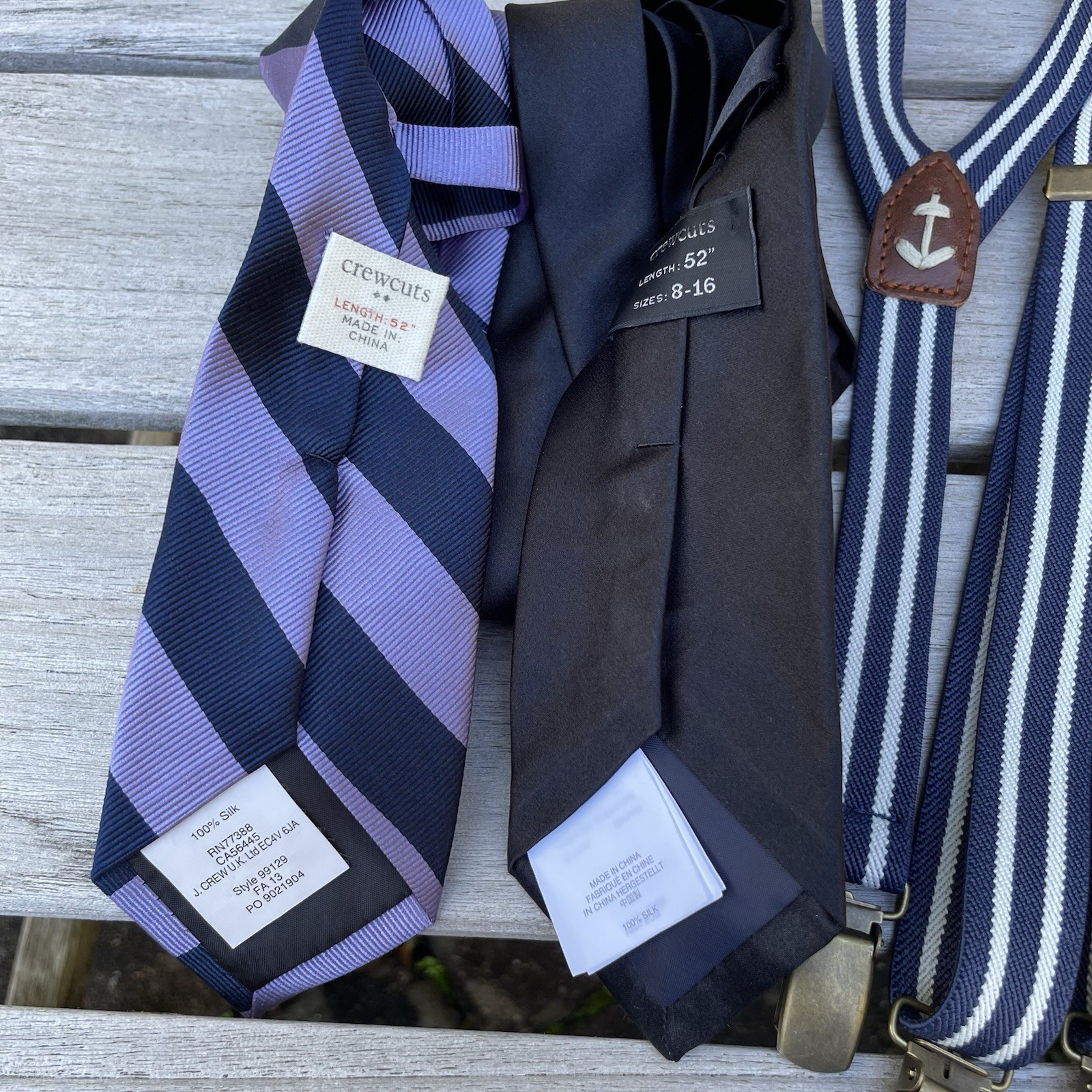 Boy's J CREW CREWCUTS Lot of 2 Neckties and Suspenders Navy Purple Stripe 2.5x52