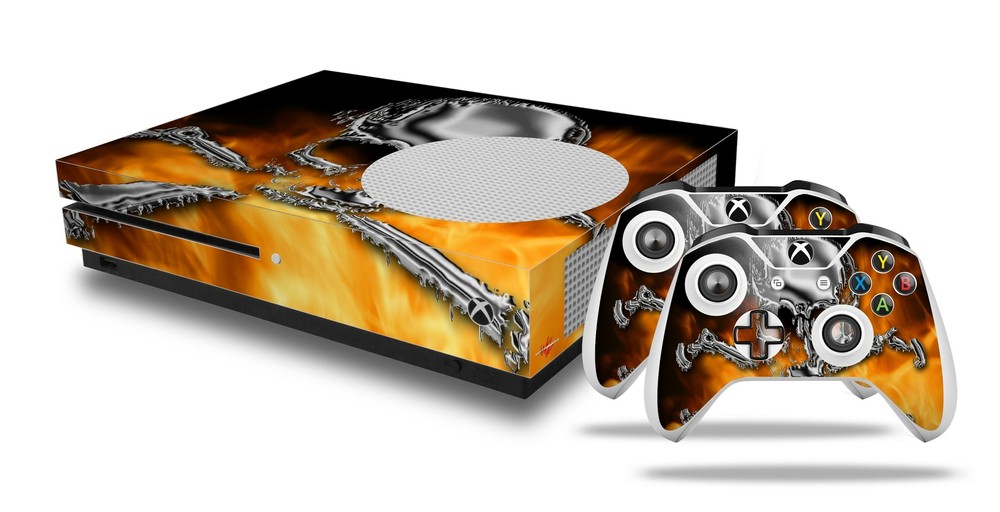 Skin XBOX One S Console Controller Chrome Skull on Fire