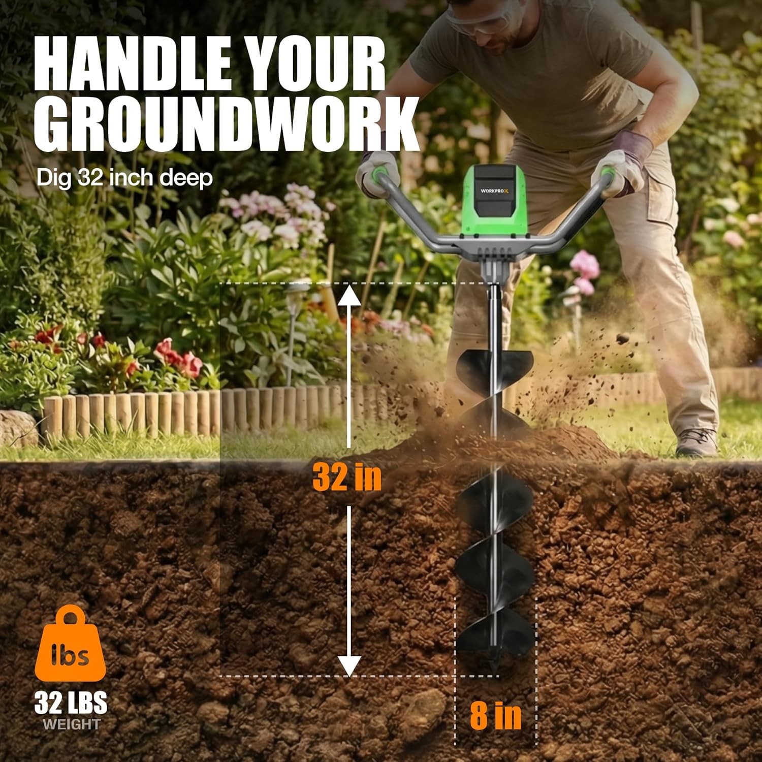 WORKPROX 40V Electric Auger Post Hole Digger 8" Earth Auger Brushless 4A Battery
