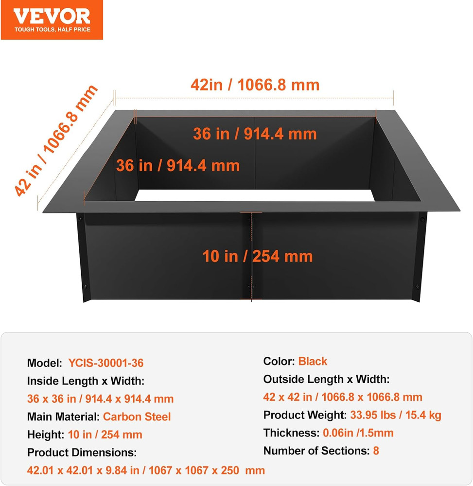 Heavy Duty 42" Square Fire Pit Ring Insert for Camping & Bonfires