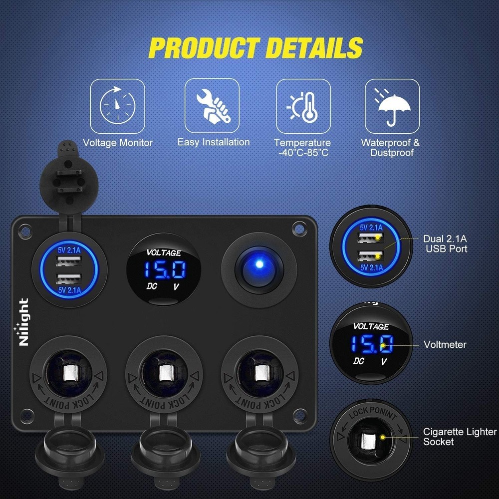 Durable 12V Cigarette Lighter Socket Panel with LED Voltmeter for Vehicles