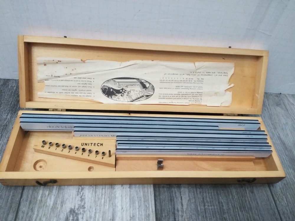 VTG. Lettering Set Drafting Kit Wood Case  Templates Unitech Engineering (READ)
