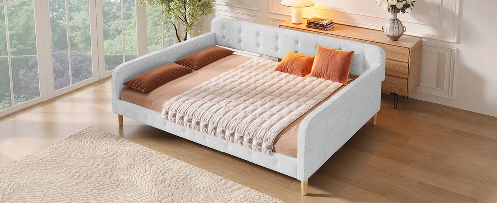 Queen Size Upholstered Daybed with 4 Support Legs, Beige