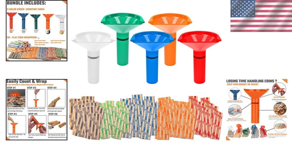 Effortless Coin Sorting Set: 5 Tubes & 110 Color-Coded Coin Wrapper Rolls