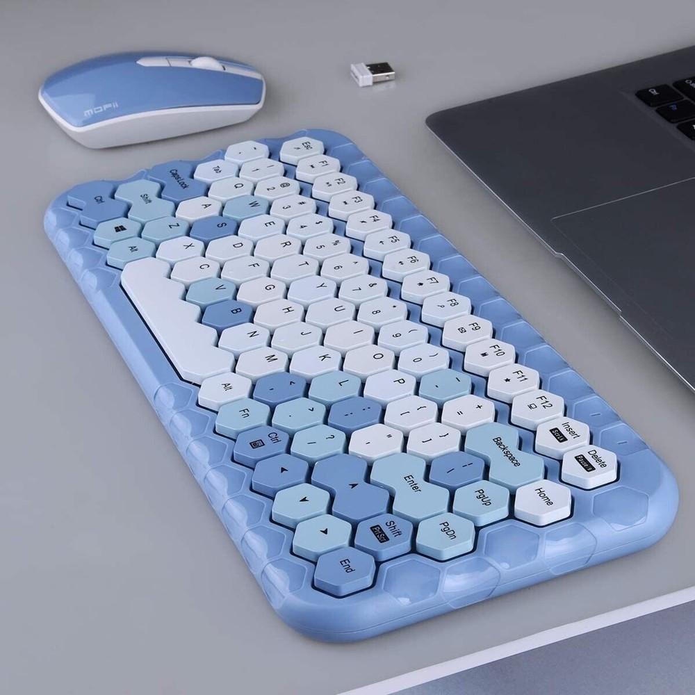 Mofii Wireless Keyboard & Mouse Combo Cute Keycaps Keyboard Hexagonal Keys Blue