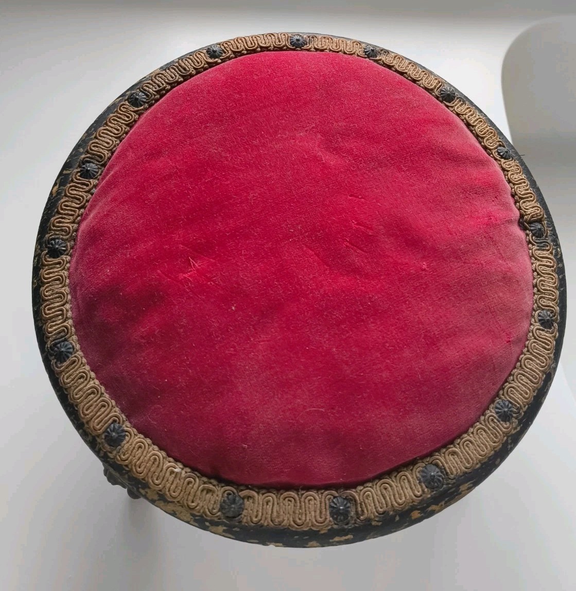 Levan Brothers Victorian Round Cast Iron & Wood Foot Stool Red Veleteen Cover