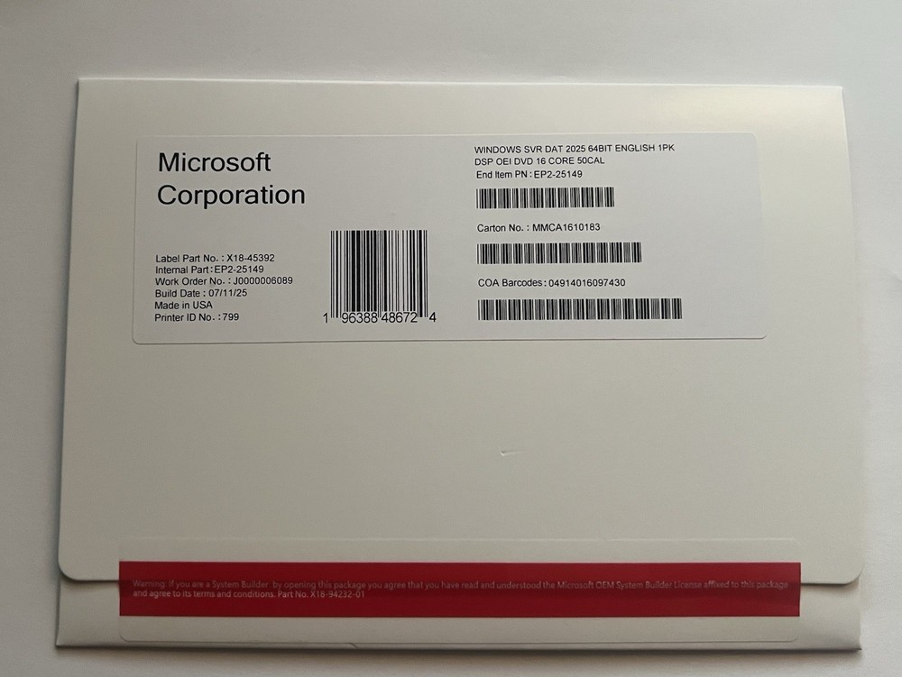 Microsoft Windows Server 2025 Datacenter 16 Core 50 CALs DVD & Key Sealed (NEW)