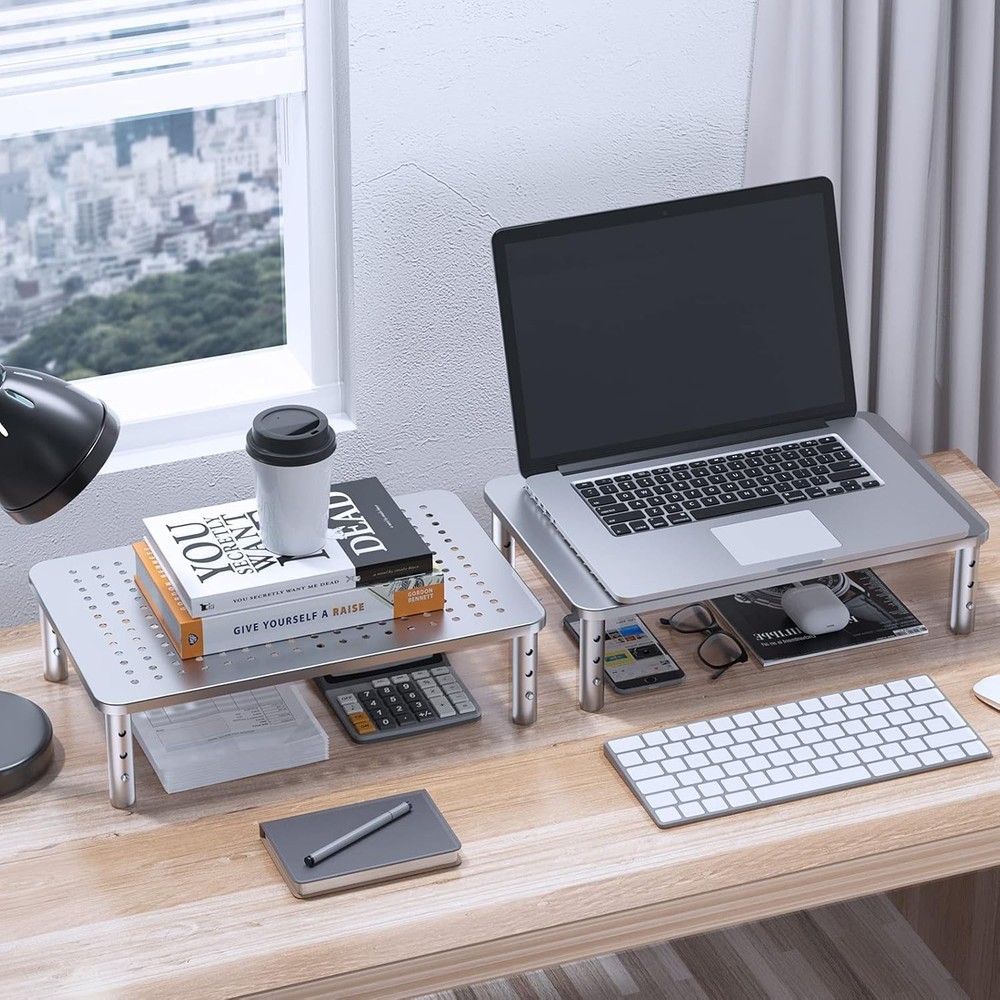 Monitor Riser Metal Adjustable Stand for Laptop PC Printer Ergonomic Silver