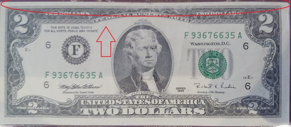 Error $2 1995 Misalignment Front Two Dollar Banknote S/N # F 93676635 A