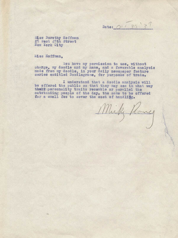 MICKEY ROONEY - DOCUMENT SIGNED 10/30/1939