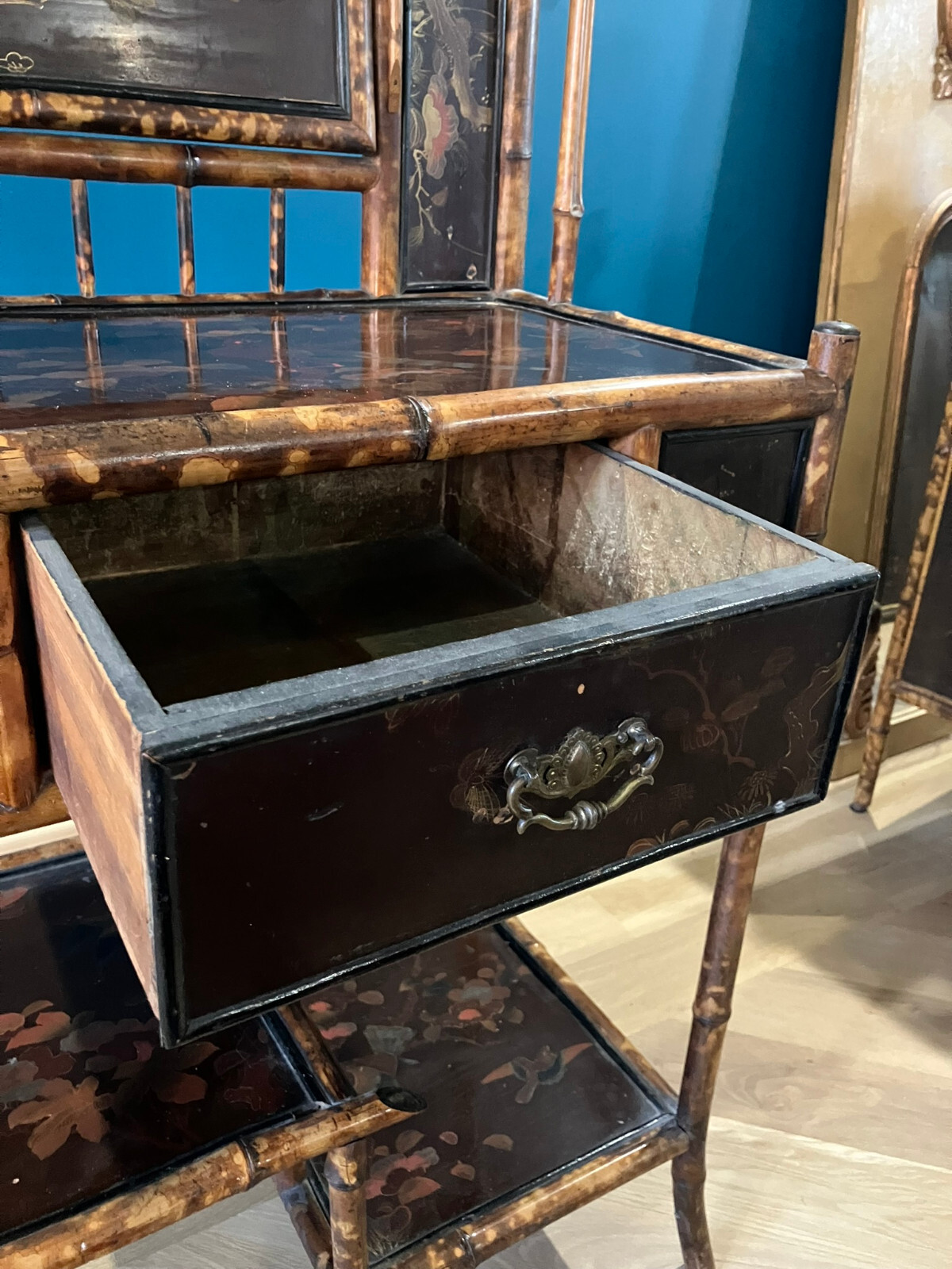 Victorian Tortoiseshell Bamboo & Japanned Lacquer Bonheur du Jour Late 19th C