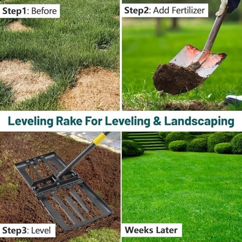 Lawn Leveling Rake & Peat Moss Spreader, 26"x25", 6FT Adjustable Handle Tool