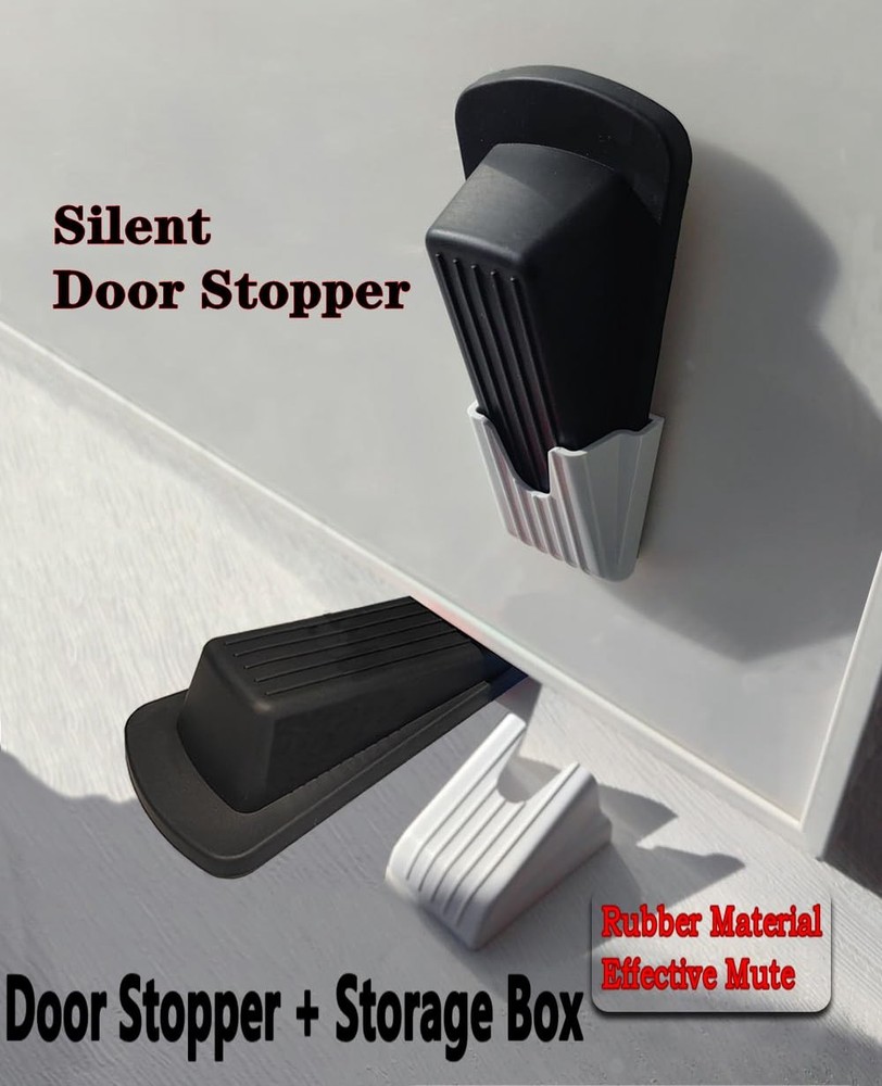 4 PCS Rubber Door Stop Wedge Stopper Non Slip Stackable Adhesive Bracket Black