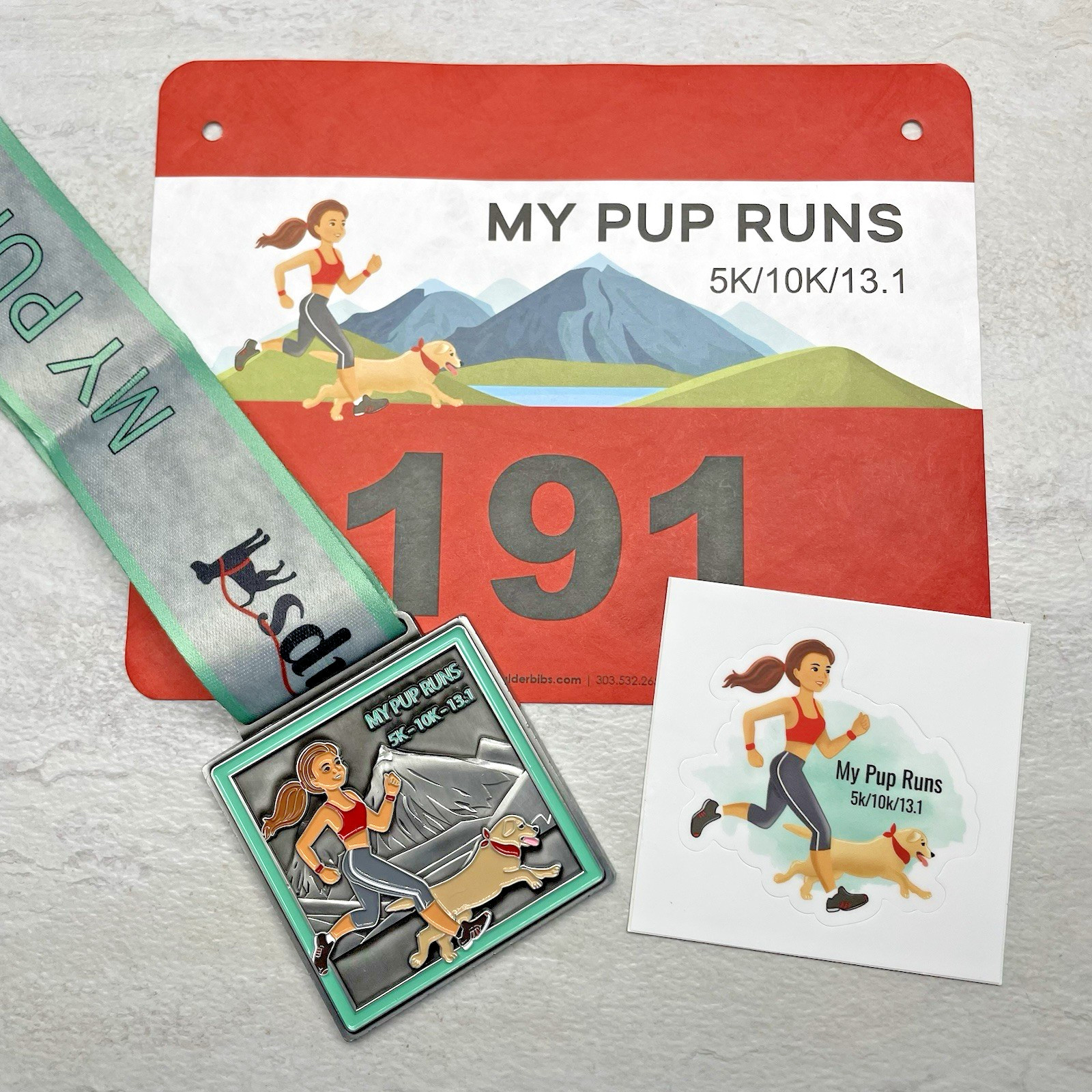 NEW Virtual Race 5k/10k/13.1 Medal, Bib & Sticker - Running with My Dog - MPR