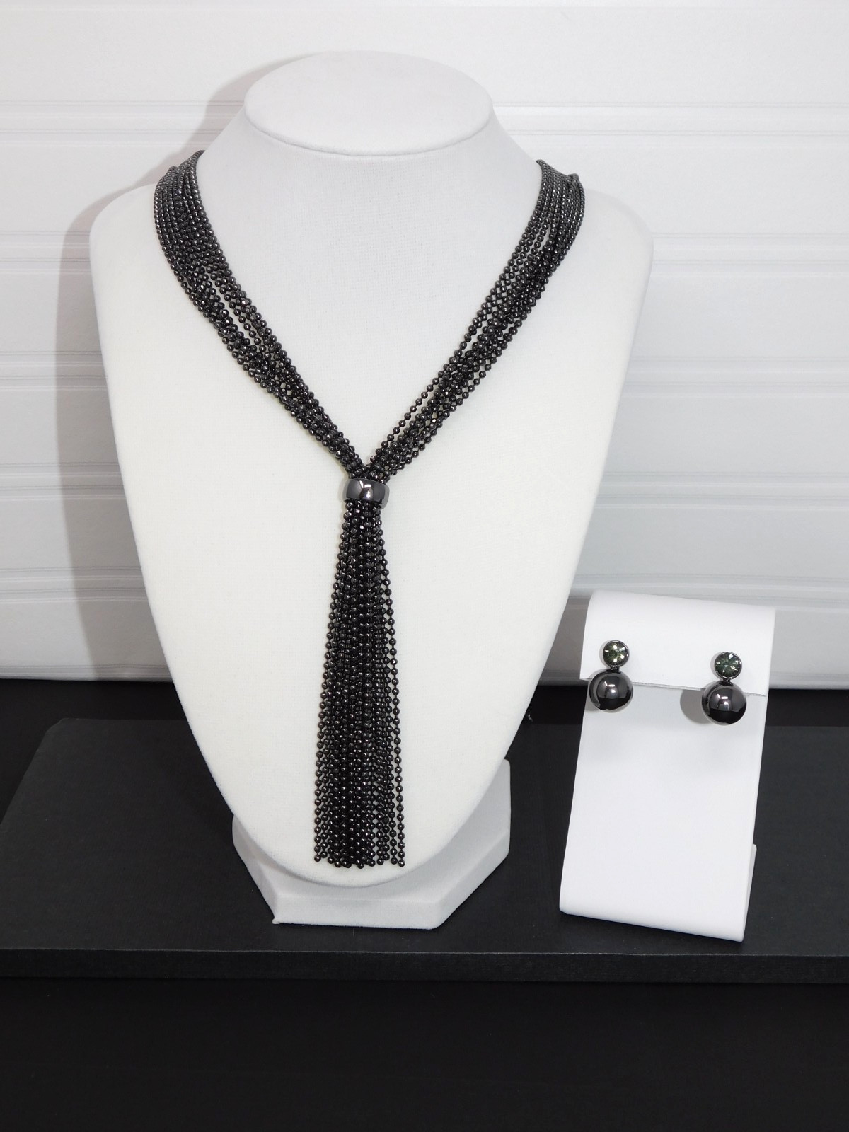 Vintage JOAN RIVERS Gunmetal Shimmering Y-Drop Tassel Necklace & Earrings Set