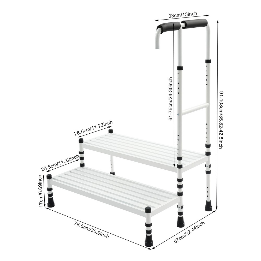 2-Step Stool with Handle, Floor Standing Metal Stepping Stool, White Step Stool