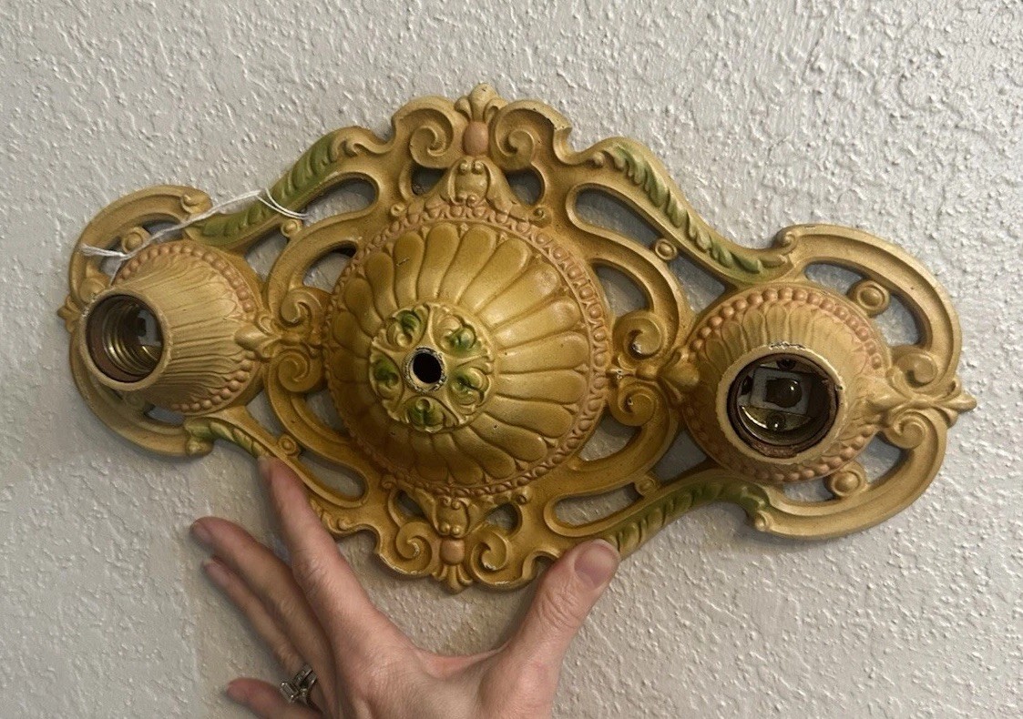 Antique art deco flat mount ceiling 2 light fixture with double light Late 1800s
