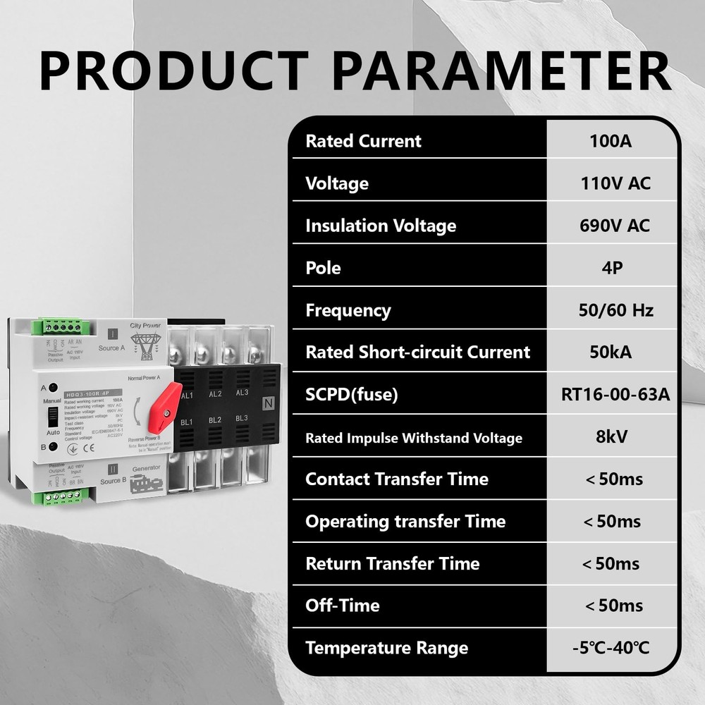 Mini ATS Automatic/Manual Transfer Switch 4P 100A AC110V W2R...