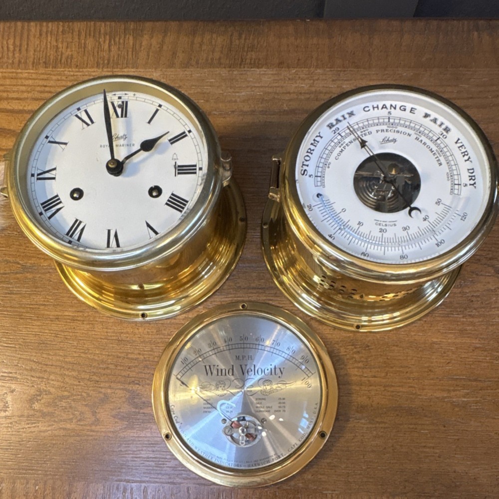 Schatz Royal Mariner Brass Clock, Barometer & Cape Cod Wind Velocity Sailing