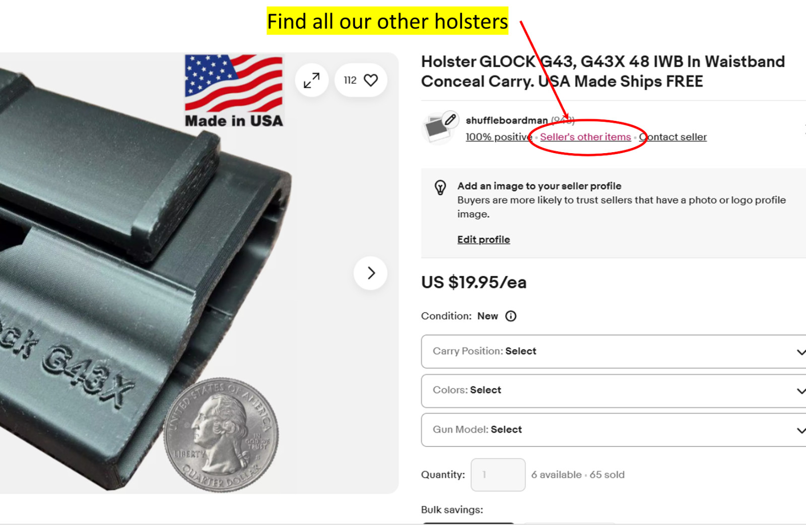 GLOCK 19 19 MOS, 23 Holster In Waistband IWB Conceal Carry. USA Made Ships FREE