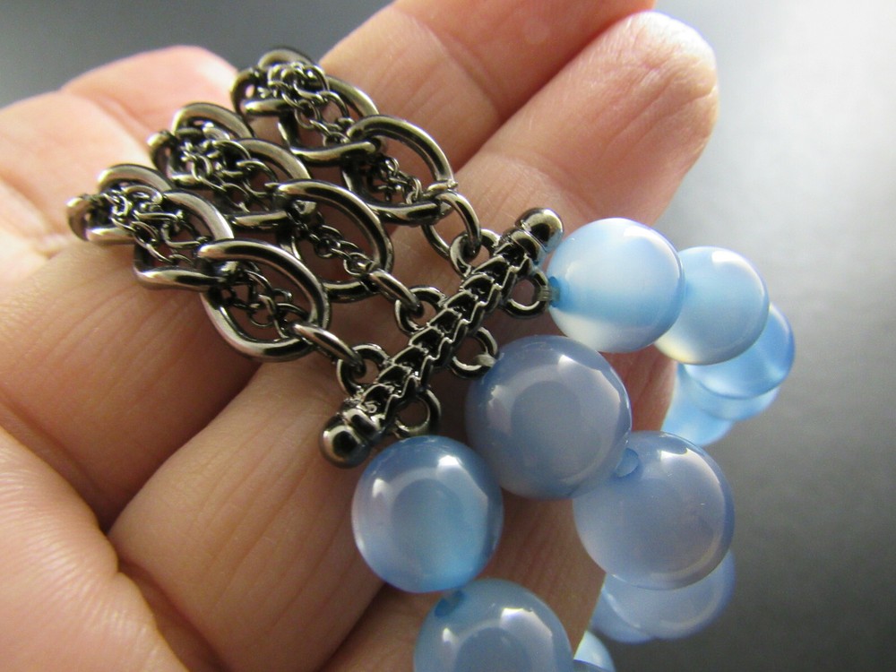 STRETH BRACELET SILVER TONE CHAINS BLUE MOONGLOW BEADS (E2)