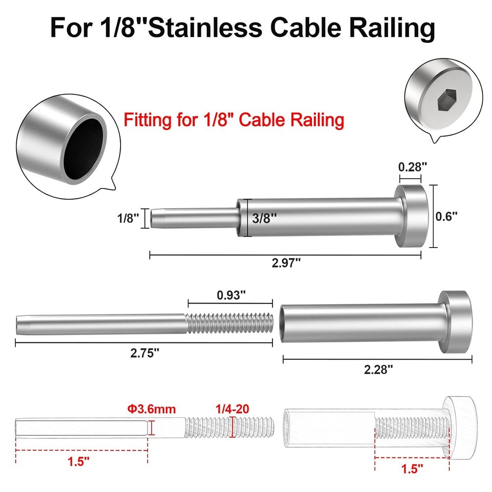 20 Pack 1/8" Invisible Cable Railing Kit Receiver and Swage Stud End Fitss Deck