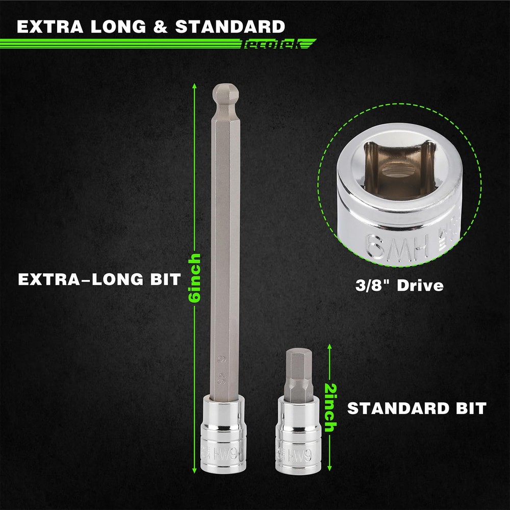 38-Piece 3/8 Inch Drive Extra Long End & Standard Hex Bit Socket Set, Extra L...