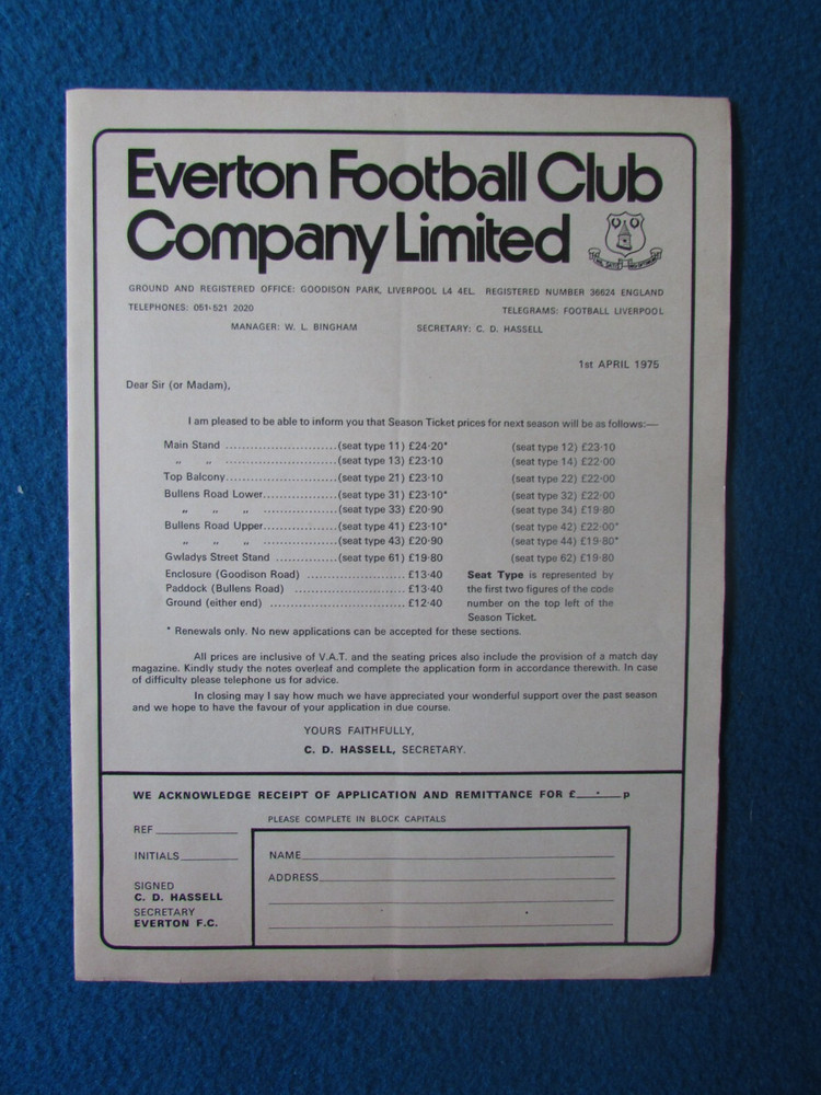 Everton Season Ticket Application Form 1975/76