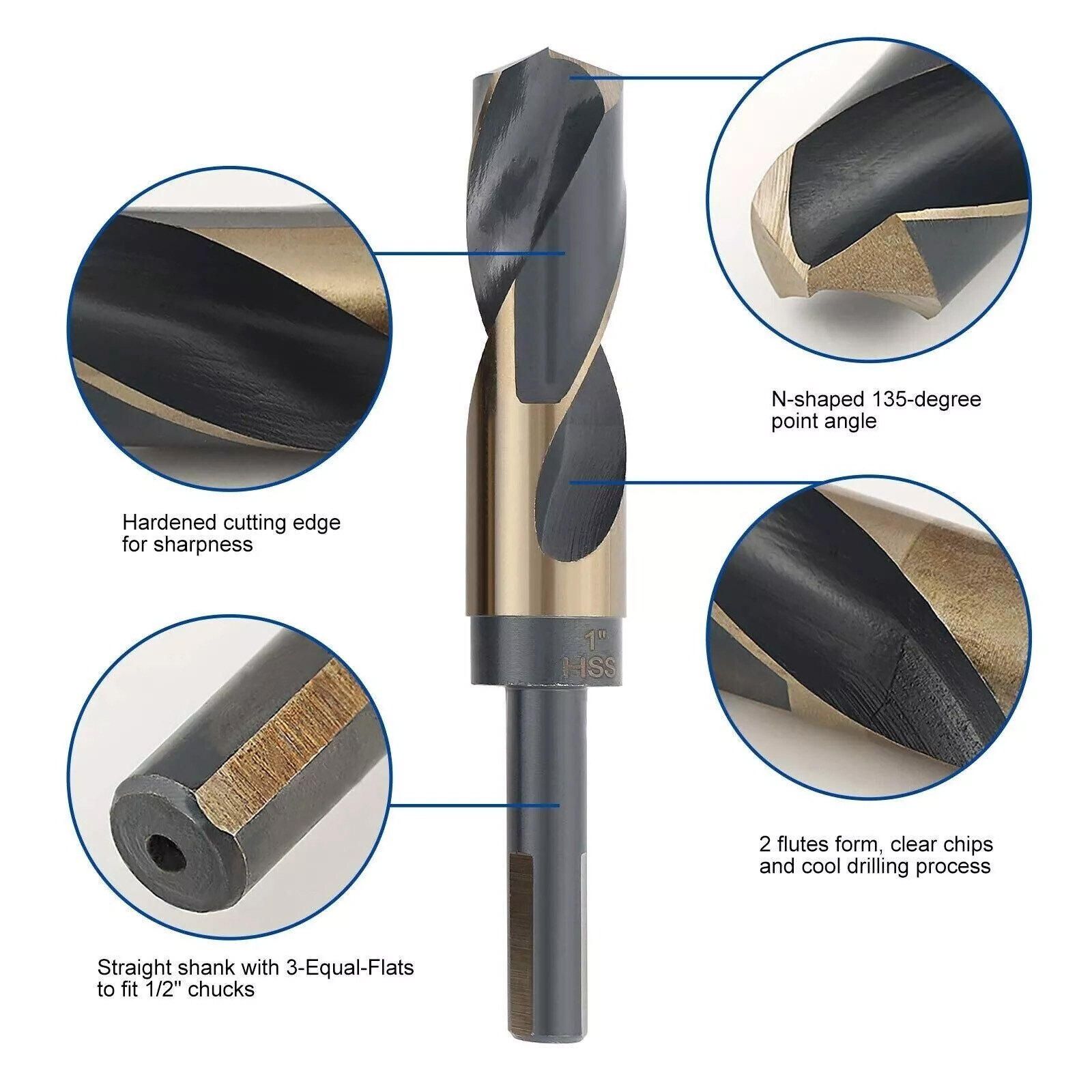 8pc HSS Cobalt Silver & Deming Drill Bits Set, Large Size 9/16" to 1", Reduced 1