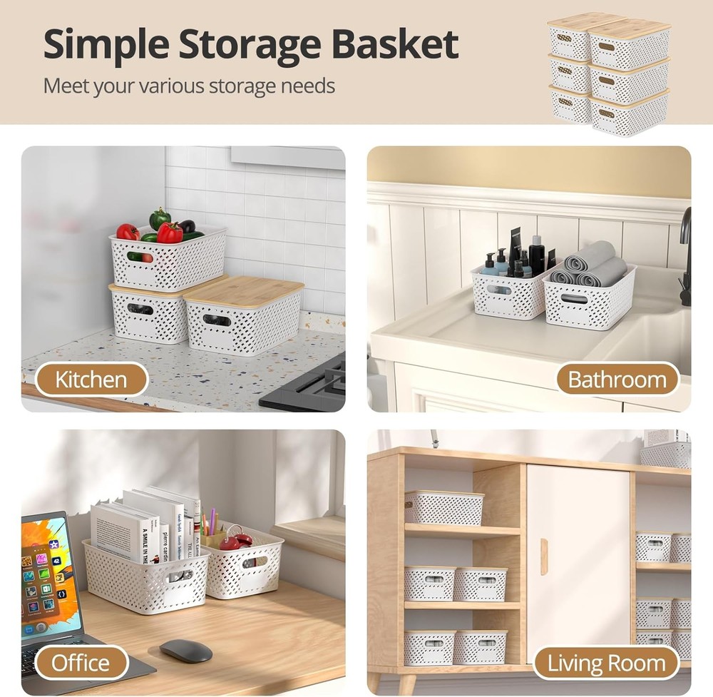 6 Pack Plastic Storage Bins W/ Bamboo Lids Stackable Small Box Baskets Container