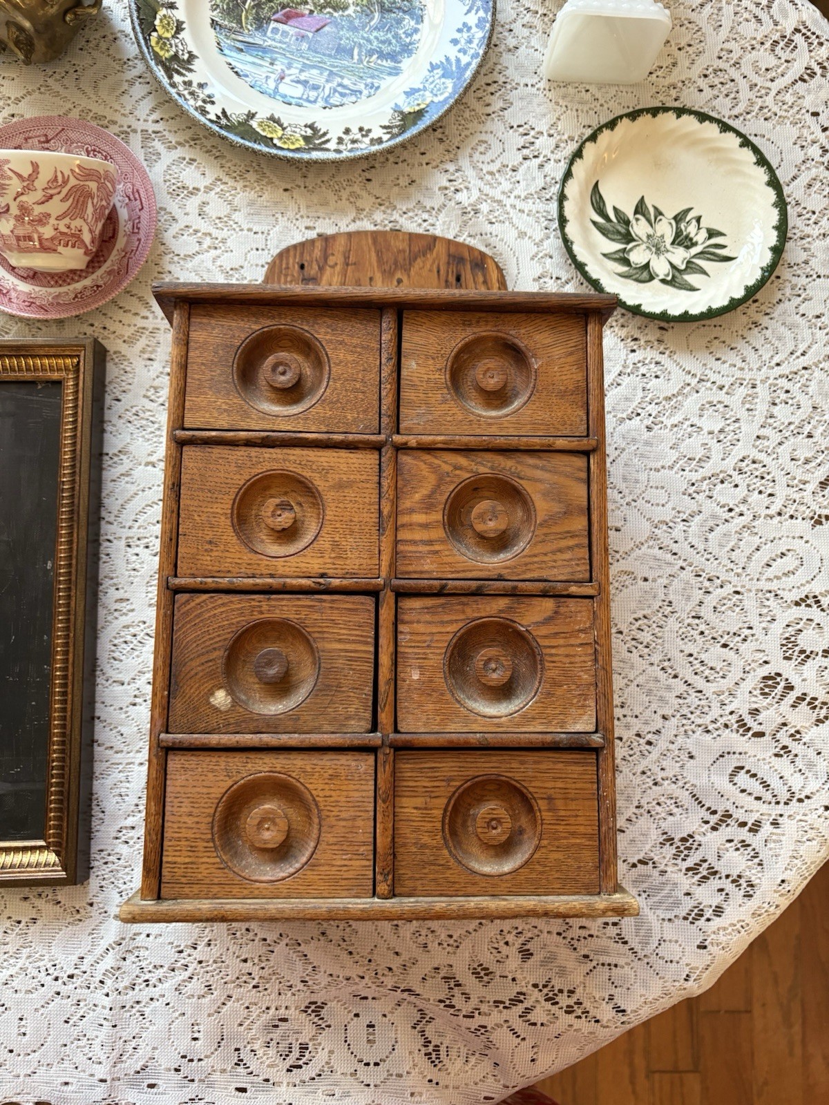 Antique Primitive Wooden Wall Spice Apothecary 8 Drawer Chest Cabinet