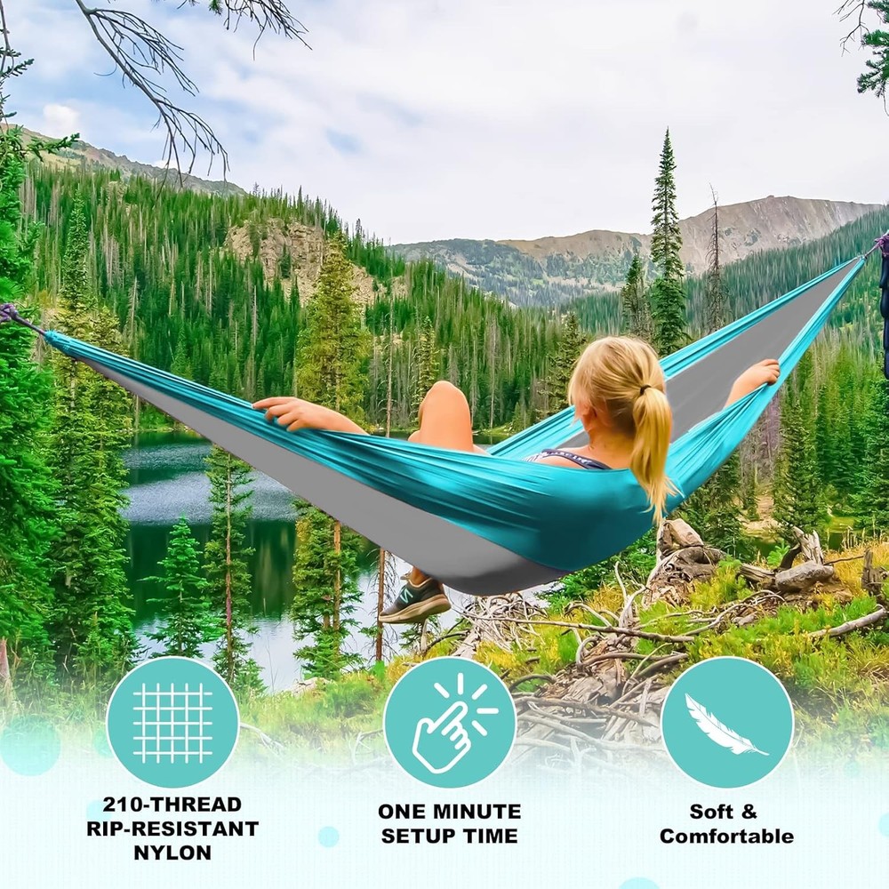Camping Hammock Double & Single Portable Hammocks W/ 2 Tree Straps & Attached