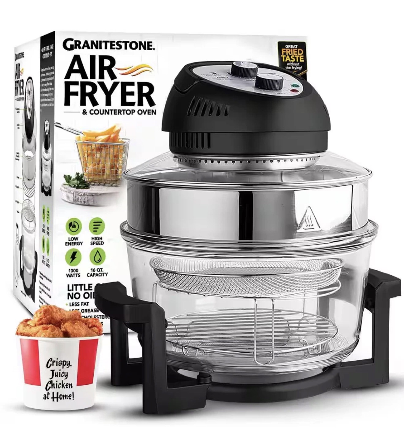 16 Qt. Black Oil-Less Air Fryer with Built-In Timer