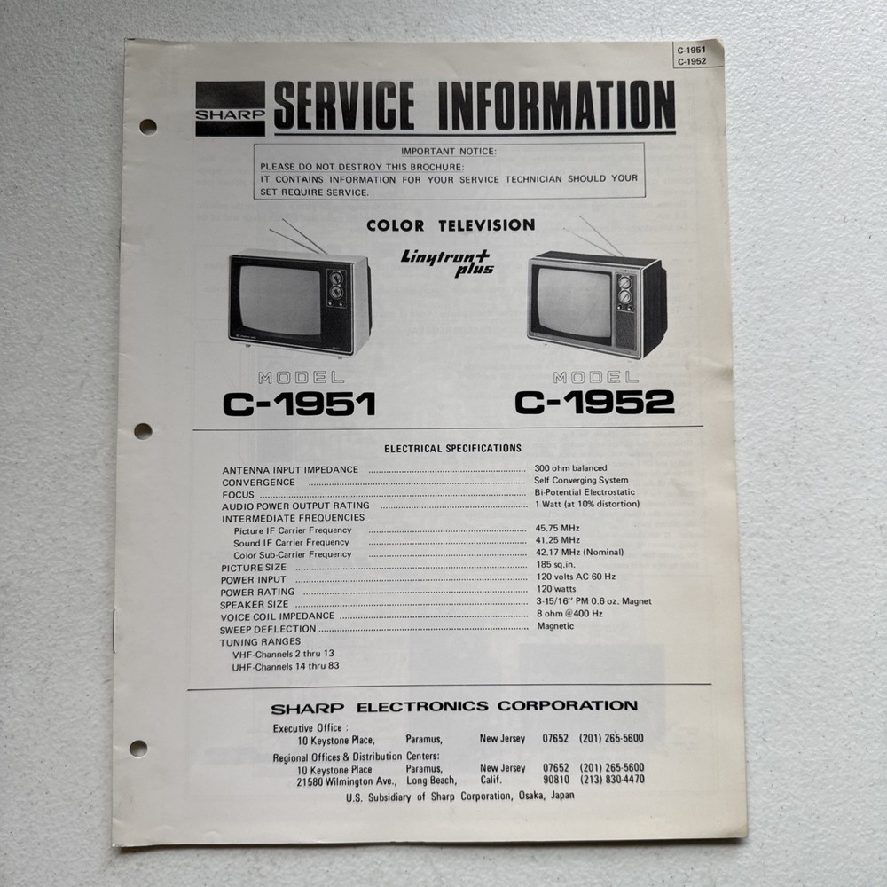 Sharp Electronics Color Television Models C-1951 & C-1952 Service Information