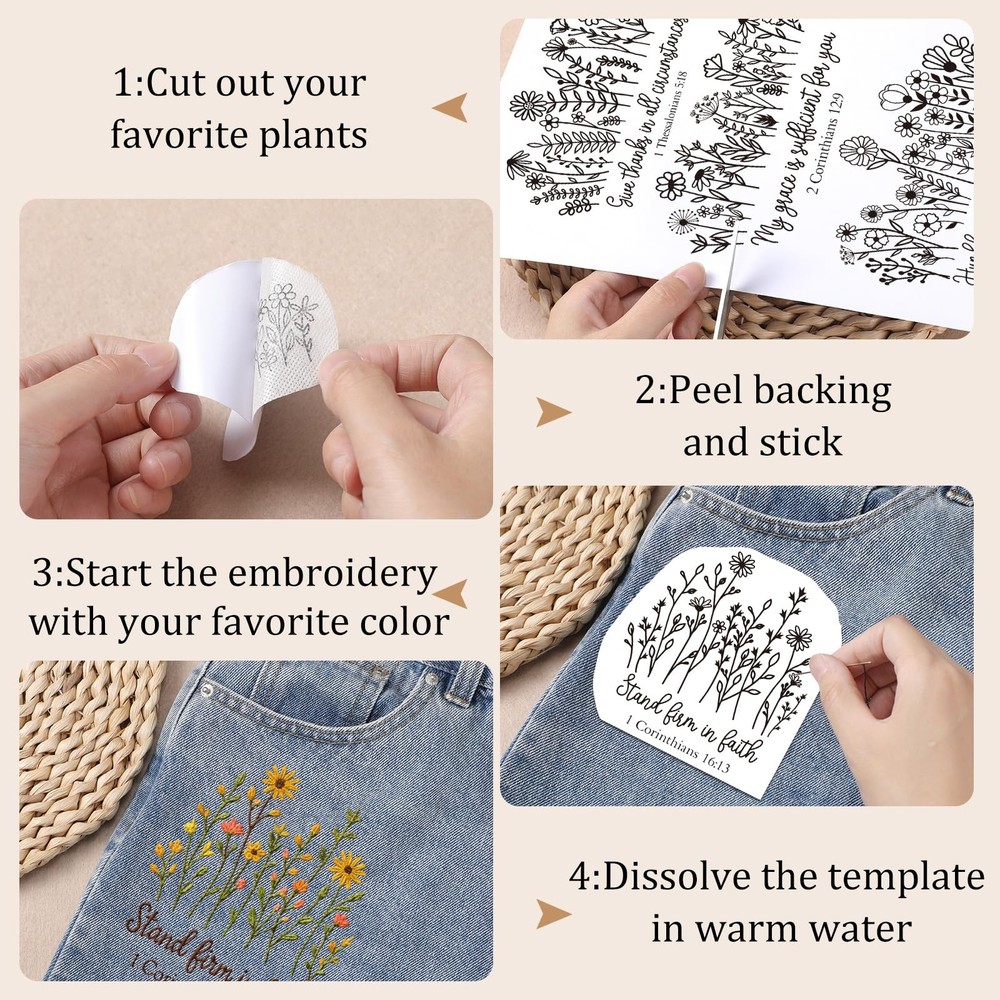 Water Soluble Stabilizer Embroidery Patterns - 3 Bible flower 6, multicolored