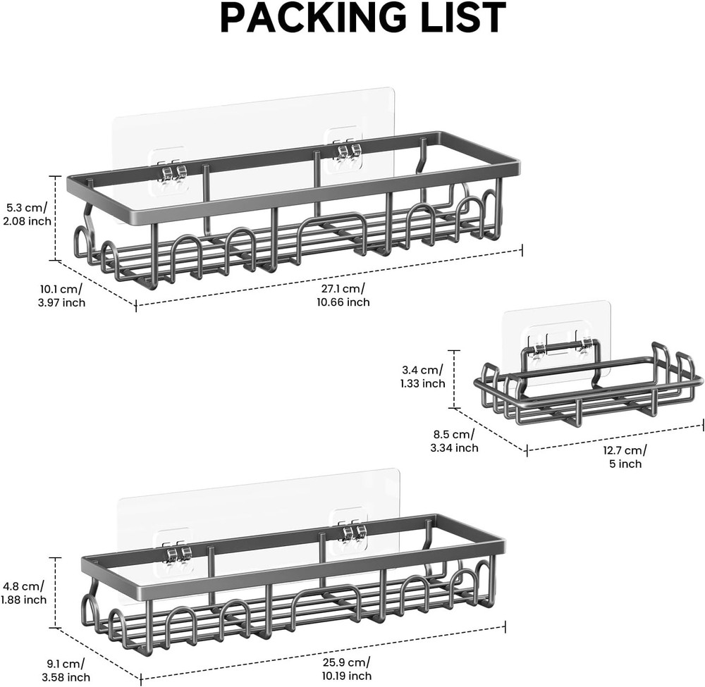 Shower Caddy, 3 Pack Shower Shelves for Inside Bathroom, Rustproof Adhesive B...