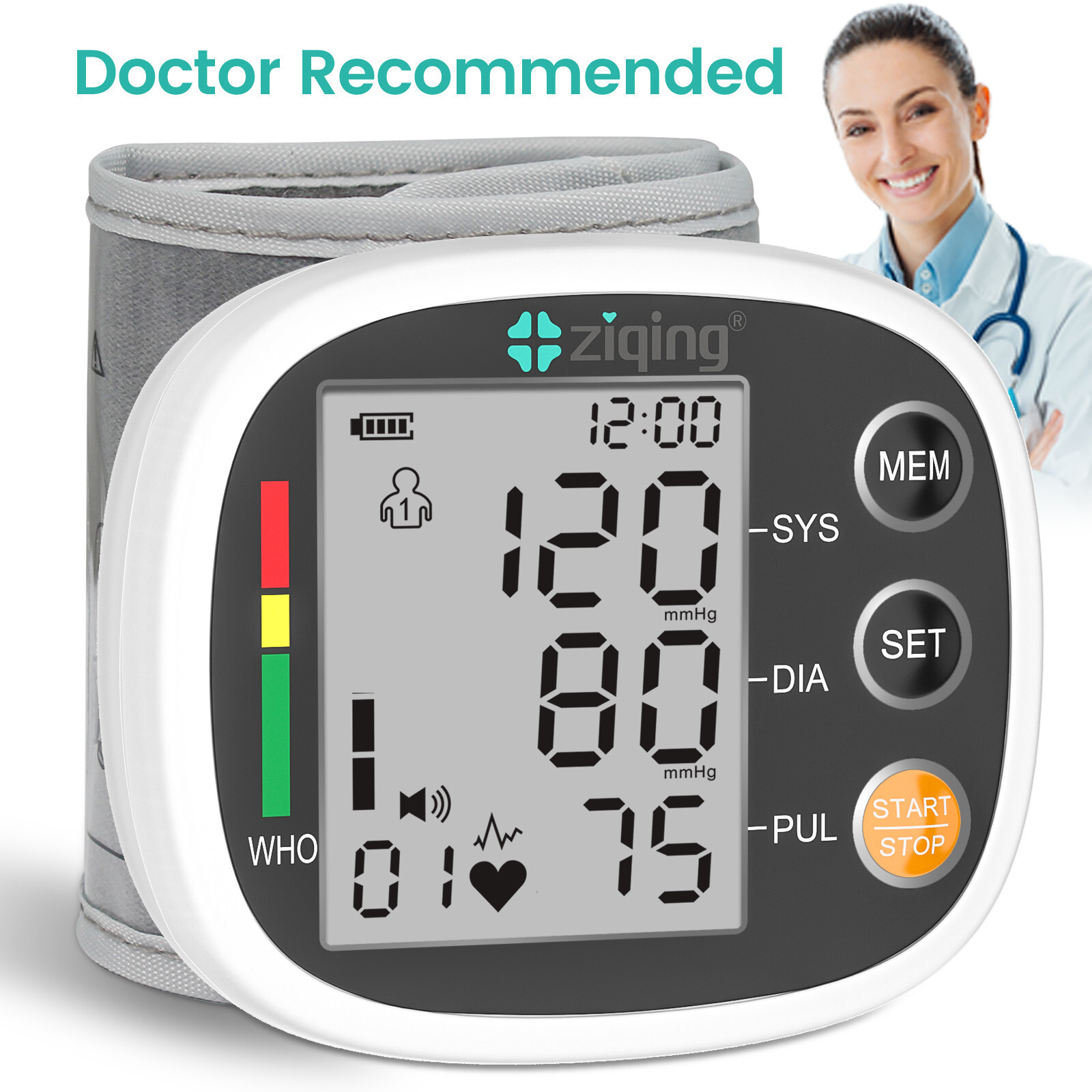 Ziqing Digital Wrist Blood Pressure Monitor BP Cuff LCD Heart Rate Machine US