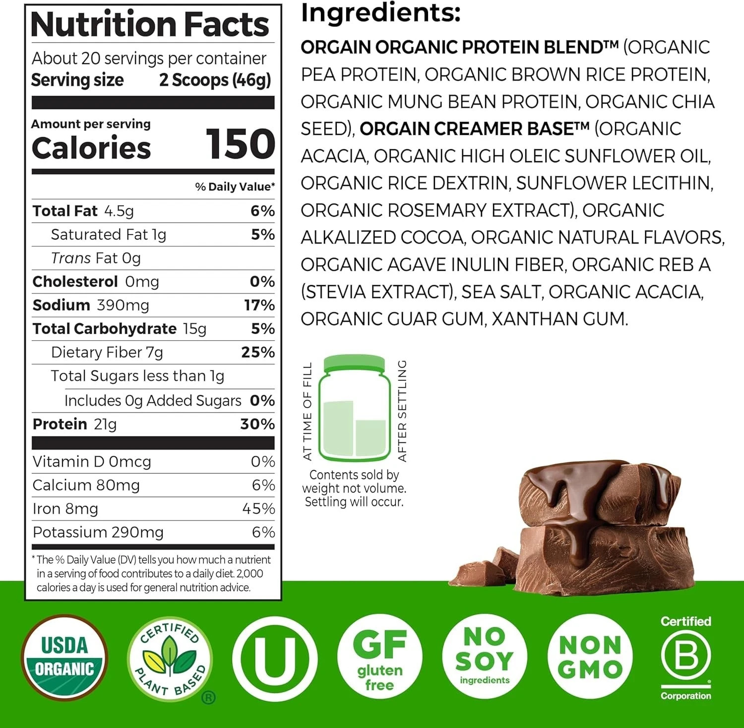 Orgain - Organic Protein Powder, Vegan , Creamy Chocolate Fudge, 2.03 LB (920 g)
