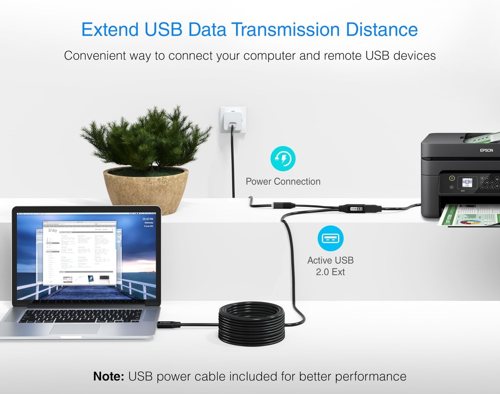 BlueRigger USB Extension Cable (100FT, Long Active 100FT, Black 2.0