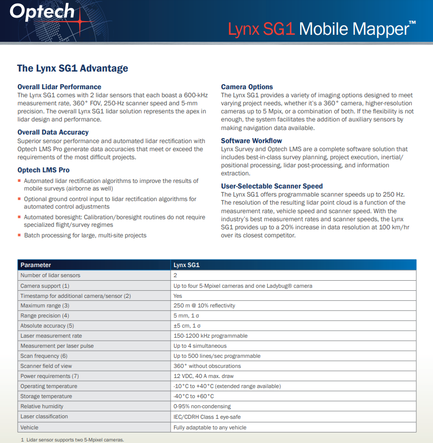Optech Lynx SG1 Dual Head Lidar 3D Imaging Mobile Mapper Mapping System