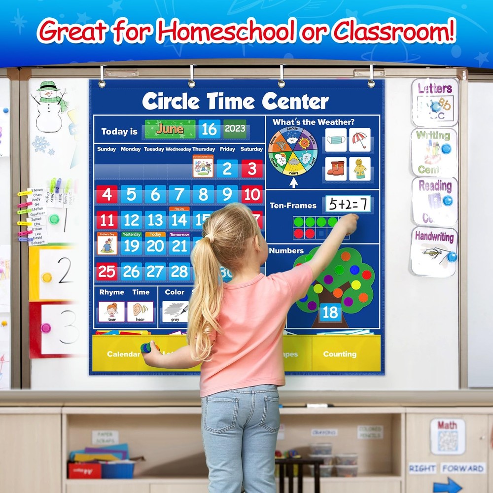 Circle Learning Time Center Pocket Chart Calendar Set, Educational Pocket Chart