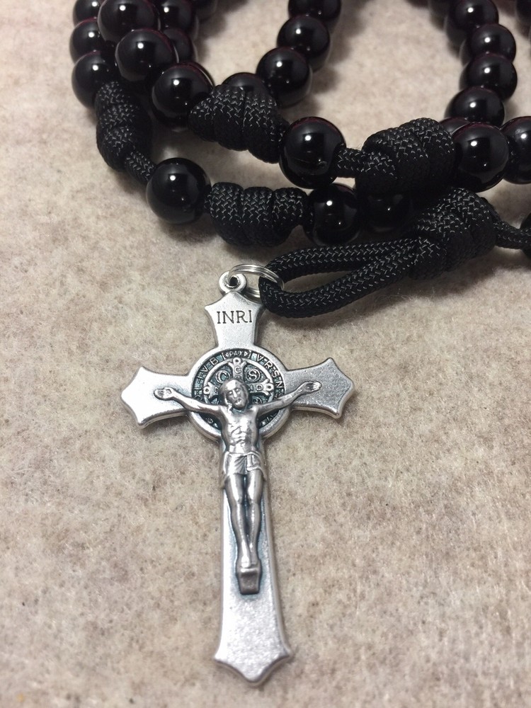 Black Beads Rosary, St. Benedict Crucifix, Durable Rosary- Handmade