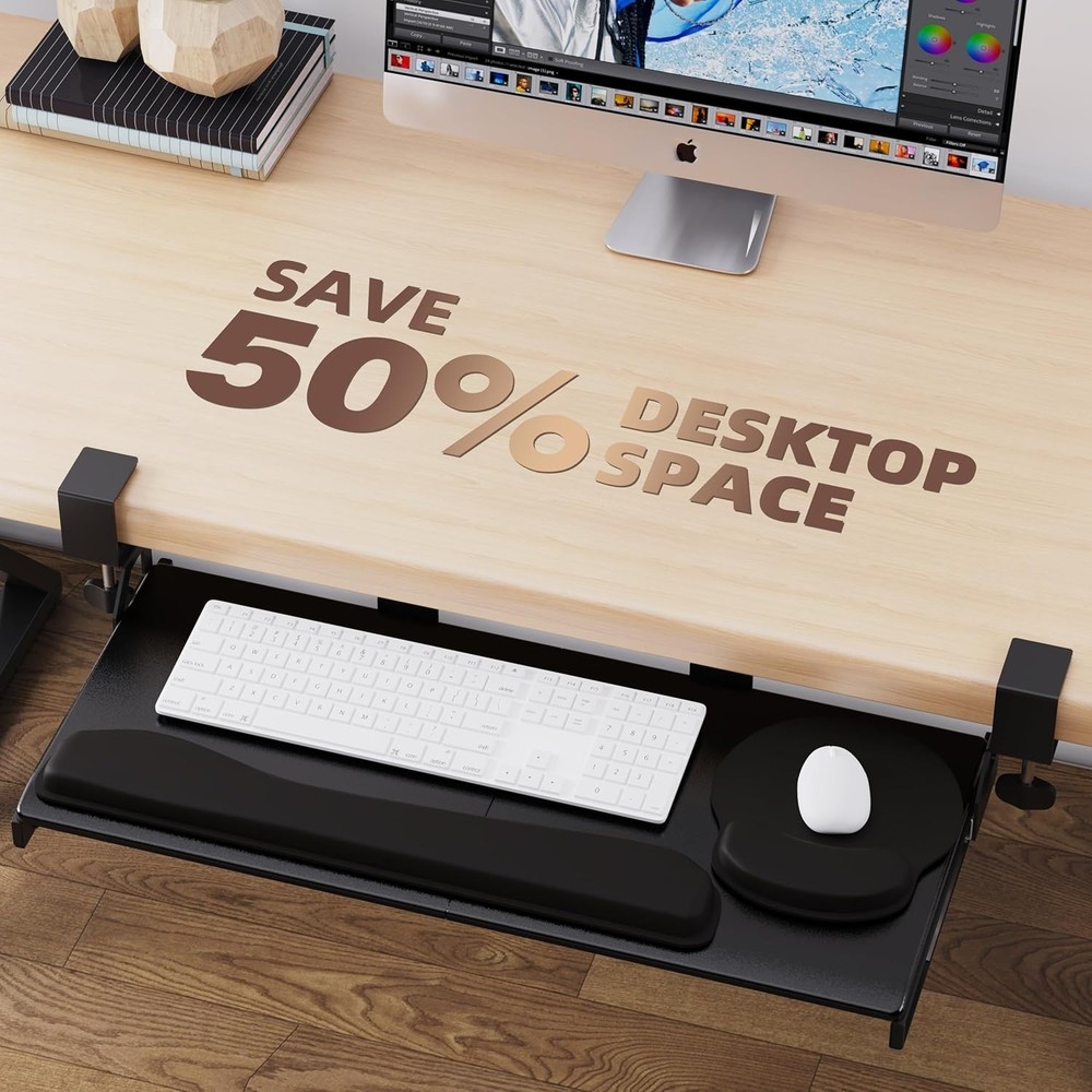 Space-Saving Adjustable Keyboard Tray with Wrist Support & Easy Clamp Attachment