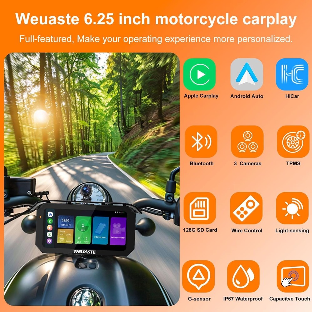 Waterproof Motorcycle GPS Carplay - 6.25 Inch Wireless Touchscreen Android Auto