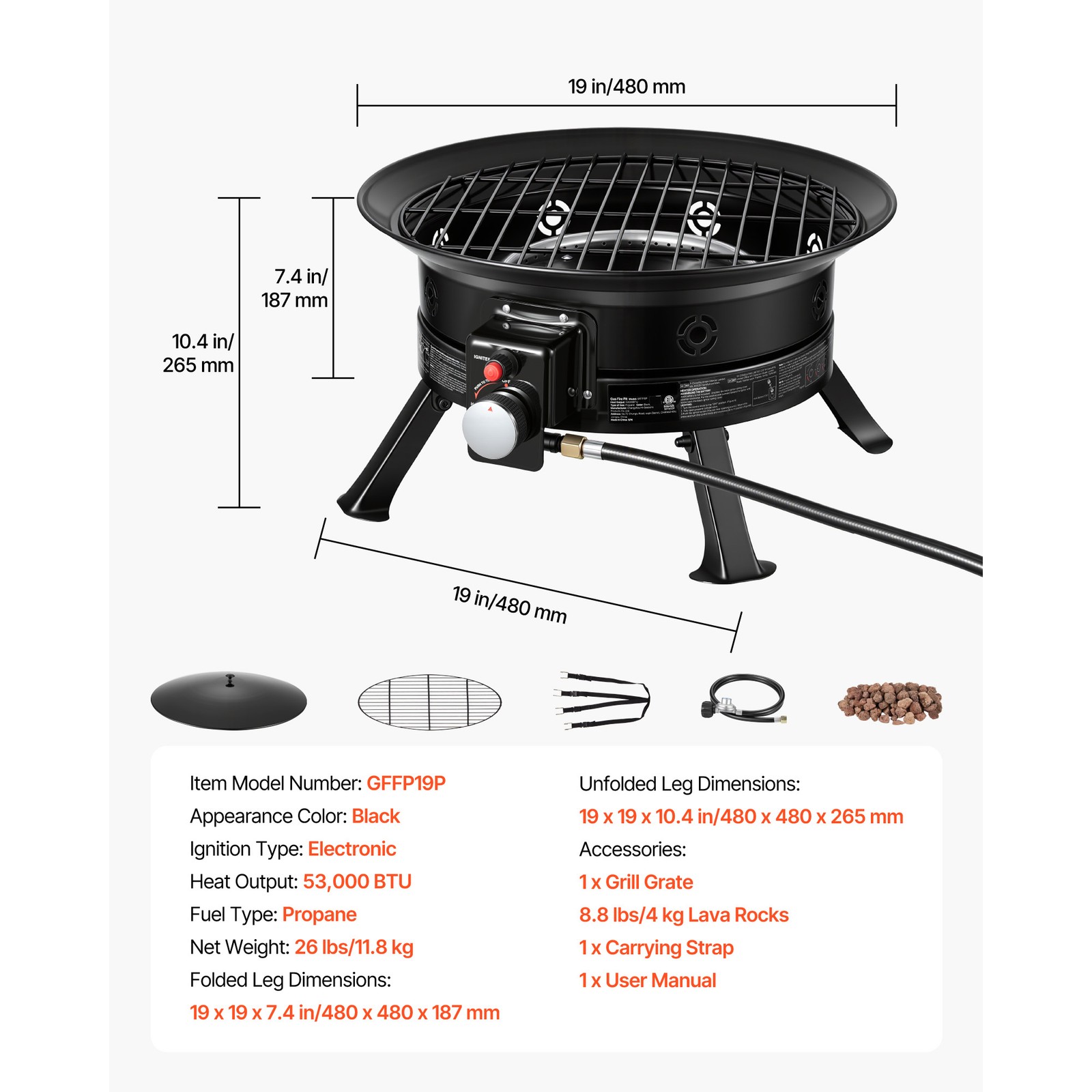 Uimoso 19-Inch Portable Propane Fire Pit, 53000BTU Gas Fire Bowl for Outdoor Use