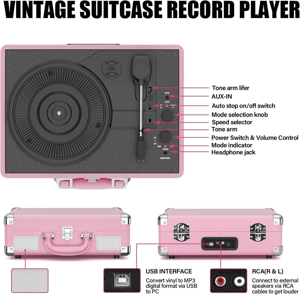 Vinyl Record Player3-Speed Bluetooth Suitcase Portable Belt-Driven Record Player